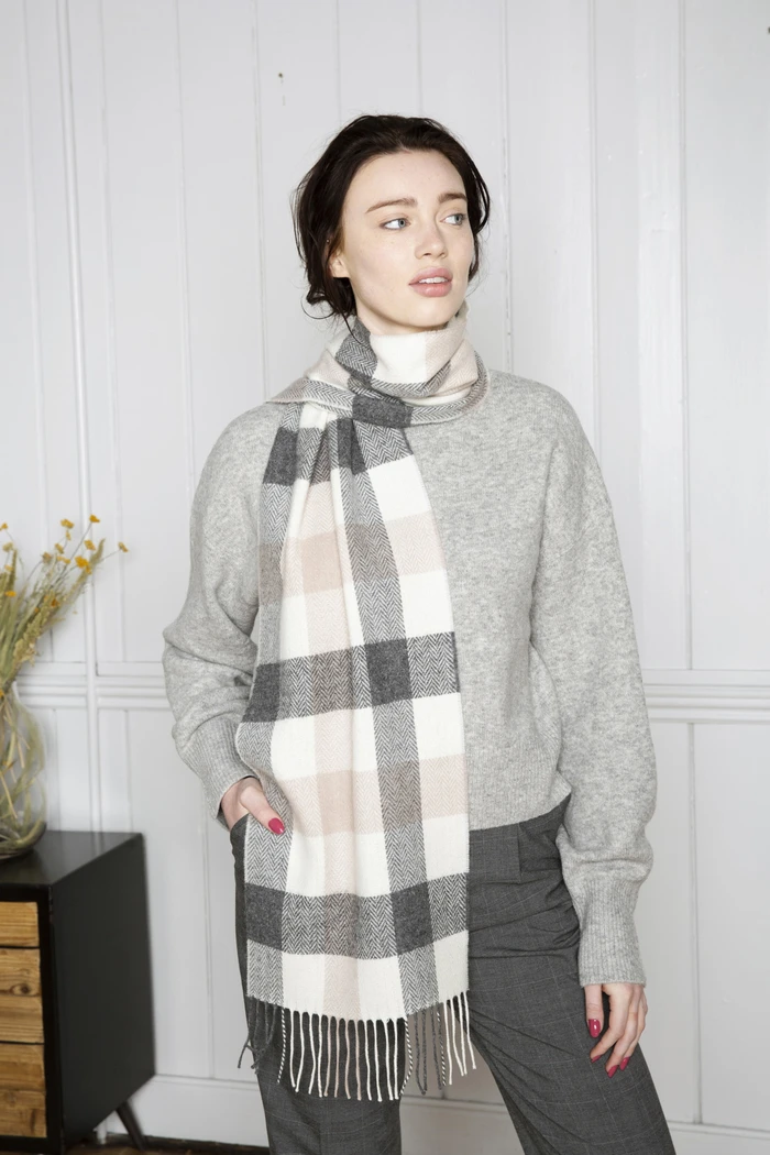 Foxford Lambswool Scarves Neutral Block Check 