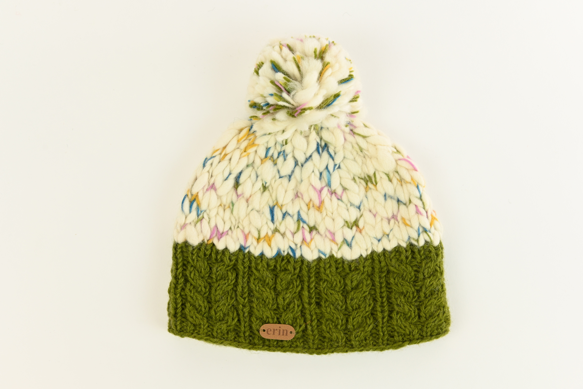 Ladies uneven wool Bobble Hat  Green band